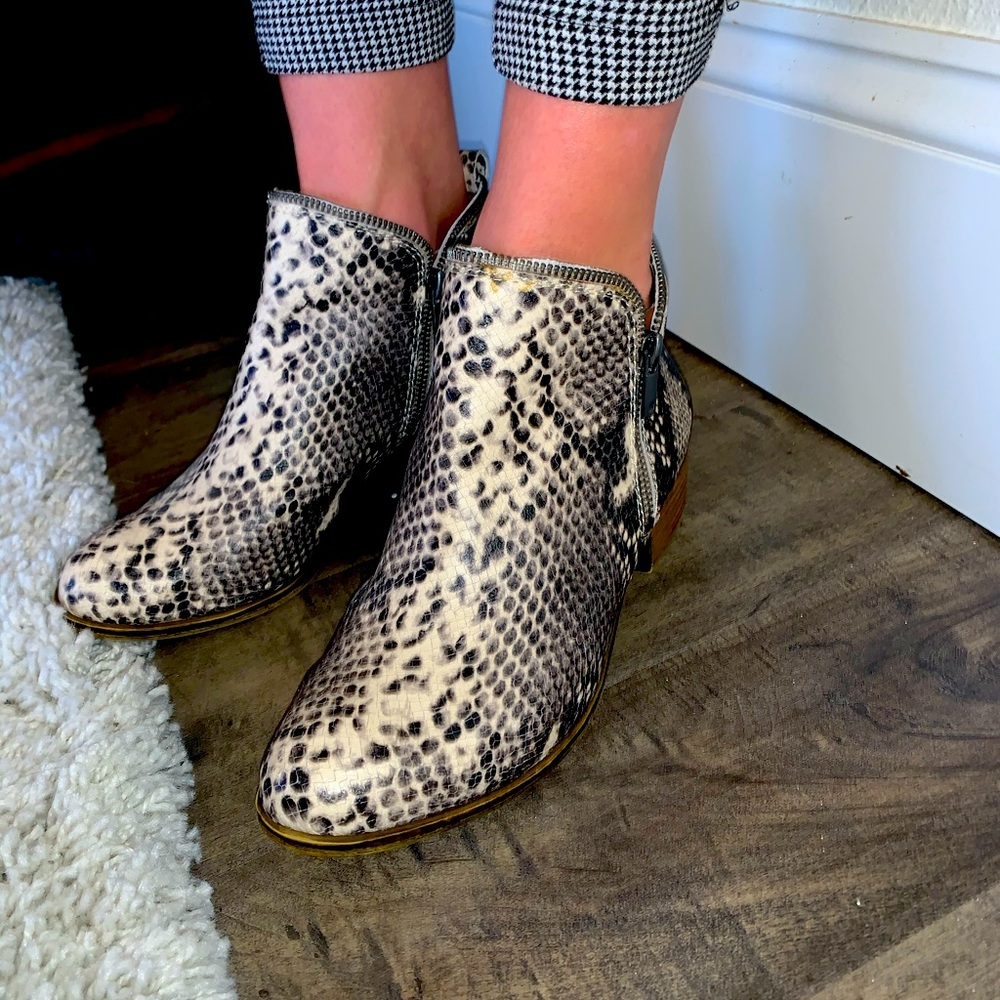 Lucky brand, snake skin ankle booties.